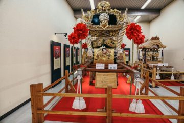 A traditional mikoshi (palanquin) used in festivals being displayed in Himeji station