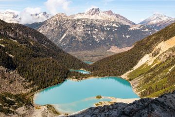 All three lakes (Joffre Lakes) as seen from Matier Glacier