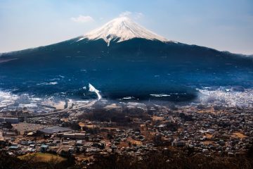 Mount Fuji and a nearby village/city