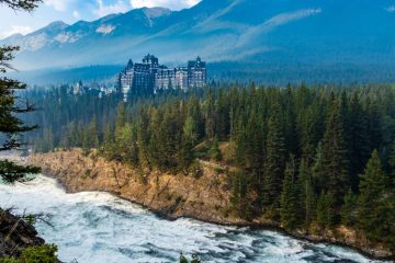 Overlook Banff Springs Hotel across Bow river, Banff National Park, Alberta